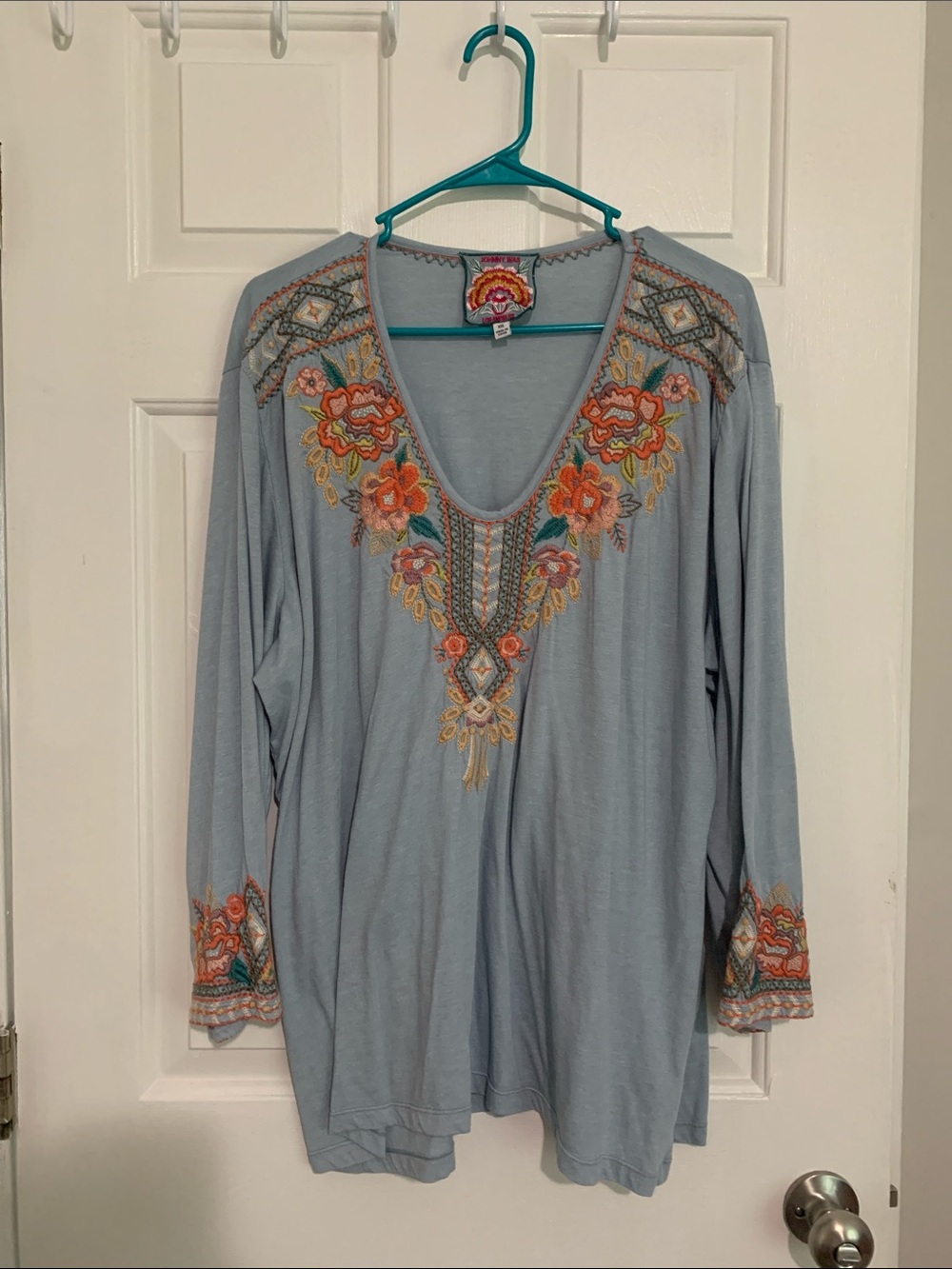 Jonny Was Embroidered V-Neck Tunic Top - Light Blue with Floral Accents